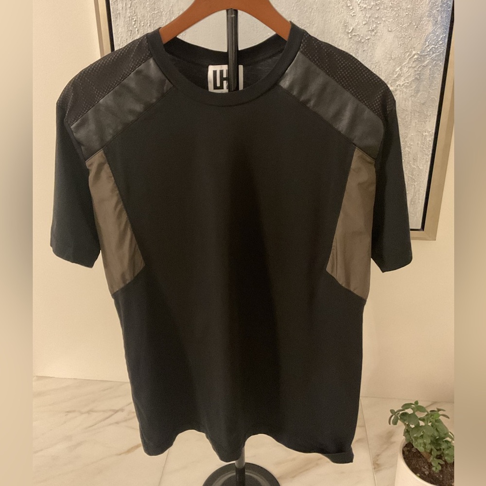 ***Les Hommes *** Black and Olive Nylon and Eco Leather Panels T- Shirt . - Picture 4 of 10